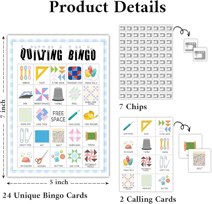 Quilting Bingo Games, 24 Players Bingo Cards, Indoor Outdoor Activities for Family Friends, Vacation Gifts for Adults Teenager, Quilting Gifts Quilt Guild Game Bingo Supplies -07