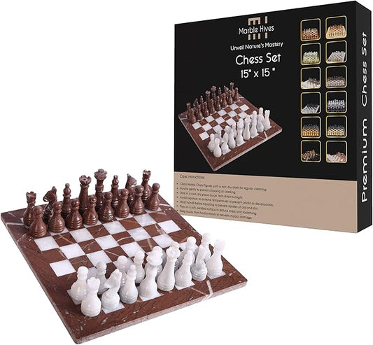 15 Inch Luxury Chess Set Classic Chess Boards for Adults with Handcrafted Stone Board & Marble Chess Pieces Ideal for Home Decor (Marina & White)