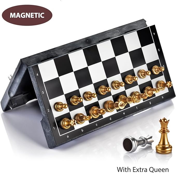 Chess Set with Magnetic Travel Folding Chess Board and 2 Extra Queens, Educational Toys for Kids and Adults