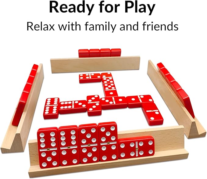 Dominoes Set for Adults with 4 Wooden Racks/Trays, Double Six Dominoes Travel Set with Portable Case Double 6 Dominoes Set with 4 Tiles Holders, 28 Tiles Dominos Set for Family Board Games - Red