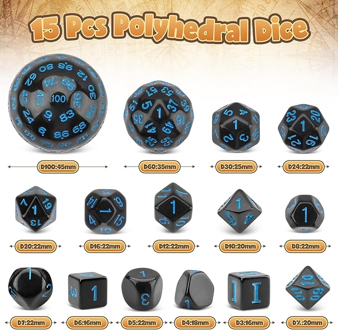 Coyeekn DND Dice 15 Pieces Polyhedral Dice D3-D100 with Dice Bag for Role Playing Table Games (Black & Blue)…