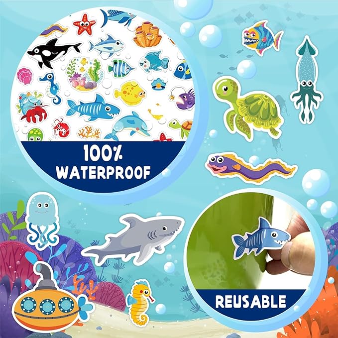 Haktoys Fishing Game Play Set Includes 21 Fish and 4 Fishing Poles on Rotating Board with Music On/Off Switch, Ocean Animal Sticker Book with Reusable Stickers | Board Game for 1-4 Players
