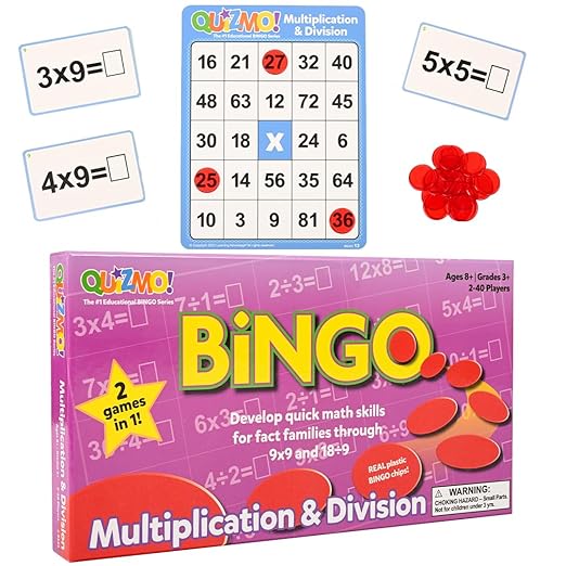 QUIZMO Multiplication & Division - Bingo Style Math Game - 2 Game Modes for Ages 8+ - Teach Basic Mathematics