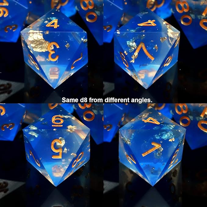 Haxtec Blue D&D Dice Set - Sharp Edge Resin Dice with Gold Flakes, Case for RPG Role Playing Games, Dungeons and Dragons Gift