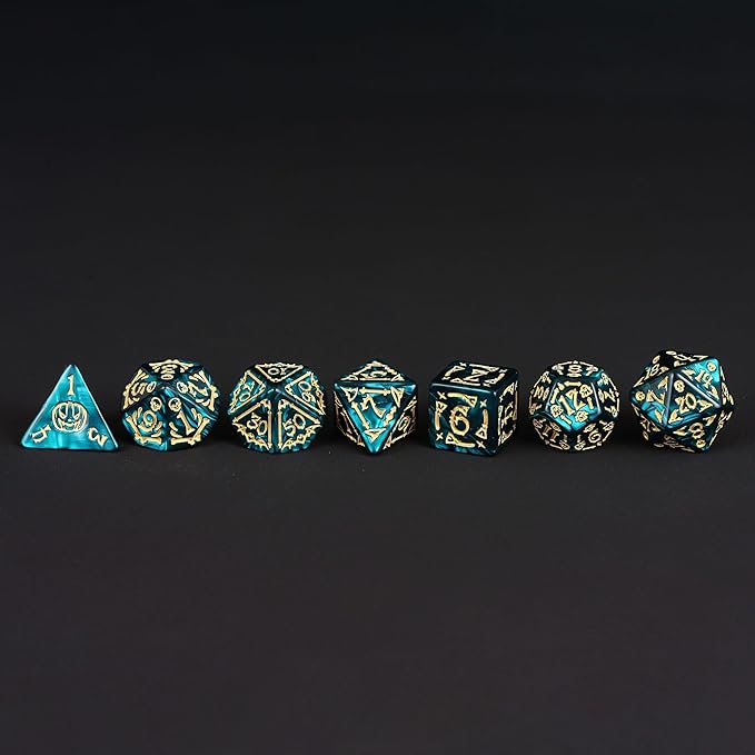 7-Die DND Dice Set Halloween Pattern Polyhedral Die Set with Leather Bag, Skull Dice D&D Die for Dungeons and Dragons RPG Table Games (Halloween Pattern-Green)