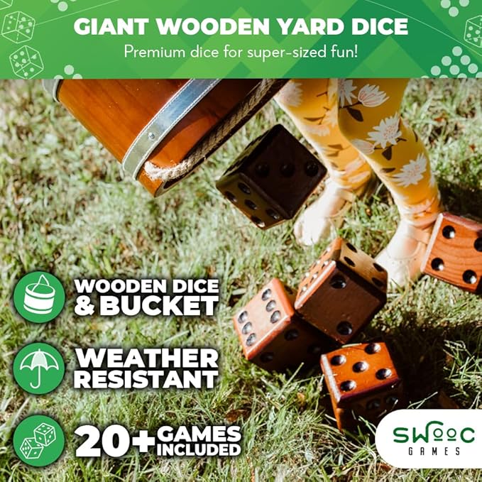 SWOOC Games - Yardzee, Farkle & 20+ Giant Dice Games (All Weather) Yard Dice with Wooden Bucket, 5 Scorecards & Marker - Jumbo Dice Yard Game - Extra Large Yard Games for Adults - Jumbo Lawn Games
