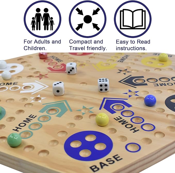 Original Marble Game Wahoo Board Game 24-Inch Double Side Painted Wooden Fast Track Board Game for 6 Player and 4 Player, 6 Colors 36 Glass Marbles 8 Dice for Family Game Night, Friends Party