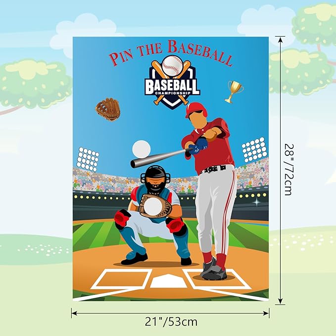 PLULON Baseball Party Pin Game for Kids Pin The Baseball on The Glove and Bat Large Baseball Poster with 30Pcs Baseball Stickers for Boys Girls Birthday Party Favors Wall Decor Classroom Activities