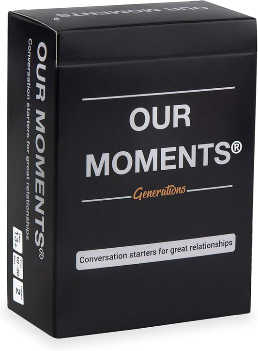 OUR MOMENTS Generations Game: 100 Conversation Starters for Grandparents & Grandchildren, Portable Cardstock Tabletop Game for Family Dinner, Car, Camping, Road Trip
