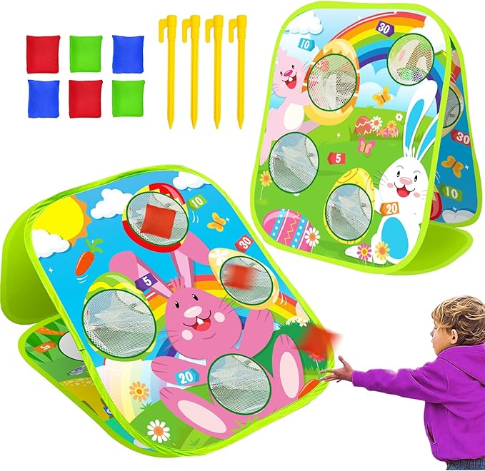 AMENON Carnival Bean Bag Toss Outdoor Games, Double Sided Bunny Eggs Cornhole Board, Easter Carnival Games for Kids Toddler Family Lawn Party Birthday Cornhole Toy with 6 Bean Bag & 4 Stake