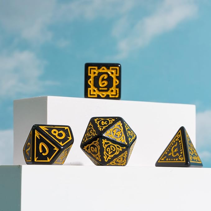 DND Dice Set -D&D Polyhedral Dice (7 Pcs) Druid Dice with Leather Dice Bag for Dungeons and Dragons Role Playing Dice Games RPGs(Druid - Black Yellow)