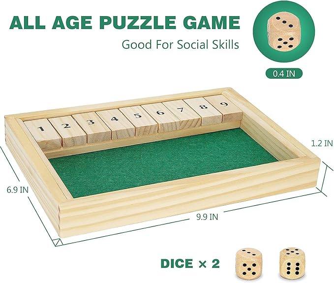 Wooden Shut The Box Game - Dice Game 2 Player,Board Game,Classics Tabletop Version,Popular Pub Game,Math,Travel for Kids #9