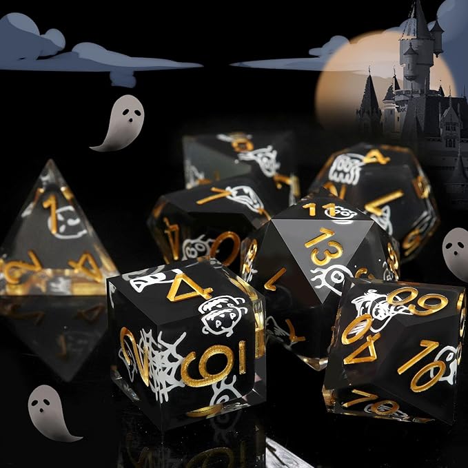 Haxtec Sticker Sharp Edge Dice Halloween Dice Resin DND Dice Set 7PCS Glow in The Dark Polyhedral D&D Dice for Dungeons and Dragons