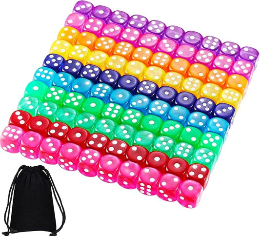 Blulu 100 PCS 6 Sided Games Dice Set, Colored Dice with Black Velvet Pouches for Playing Games, Like Board Games, Dice Games, Math Games, Party Favors and More(Rainbow Color, 14 mm)