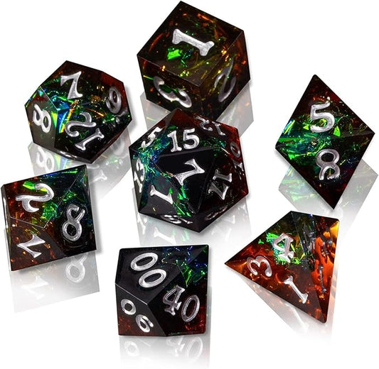 DND Dice Set Sharp Edge Galaxy Dice Handmade Resin Polyhedral Dice for Dungeon and Dragons RPG D20 Tabletop Roleplaying Party Games (Dark Brown & Green)
