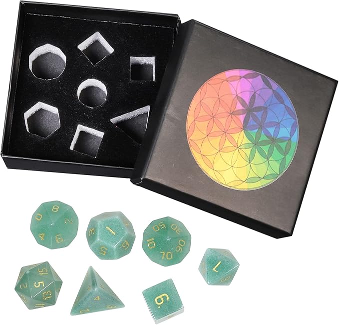 TUMBEELLUWA Engraved Crystal Stone Polyhedral Dice Set for RPG MTG Dungeons and Dragons Table Game 7 Pieces DND Board Game Dices with Pouch, Green Aventurine