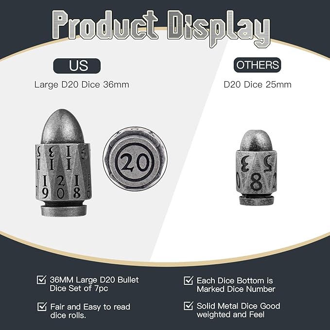 Bullet Dice Set - 36MM Large D20 for Dungeons and Dragons, 7PC Role Playing Game Dice With Cyberpunk Theme for Warhammer War Crime (Antique Silver)