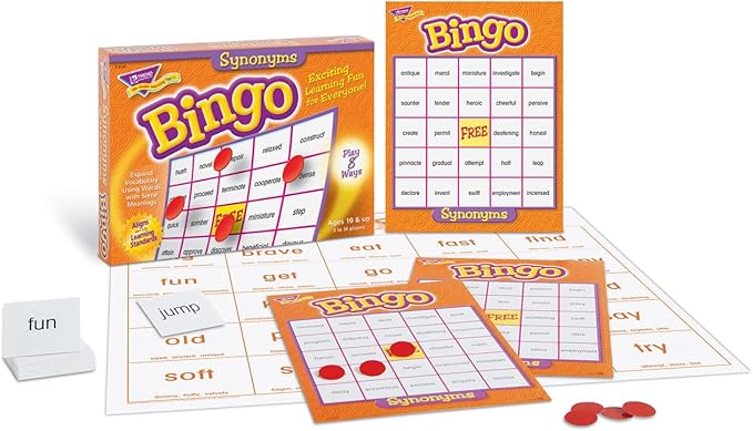 Trend Enterprises: Synonyms Bingo Game, Exciting Way for Everyone to Learn, Play 8 Different Ways, Perfect for Classrooms and at Home, 2 to 36 Players, for Ages 10 and Up