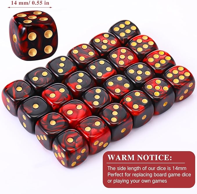 TecUnite 25 Pieces Colored Dice 6 Sided Dice Set, 6 Sided Standard Dices with Black Drawstring Storage Bag for Board Games, Parties, Math Learning, Classroom(Dark Red Black,6 Sides)