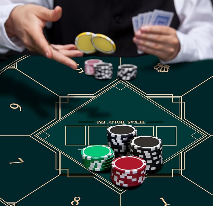 nuveti 24/31/47/55/63inch Round Poker Mat for Texas Holdem | Portable Poker Table Top with Art Deco Layout Print 6-8 Player Game Layout Mat to Play Cards, Poker Games, Blackjack, Casino