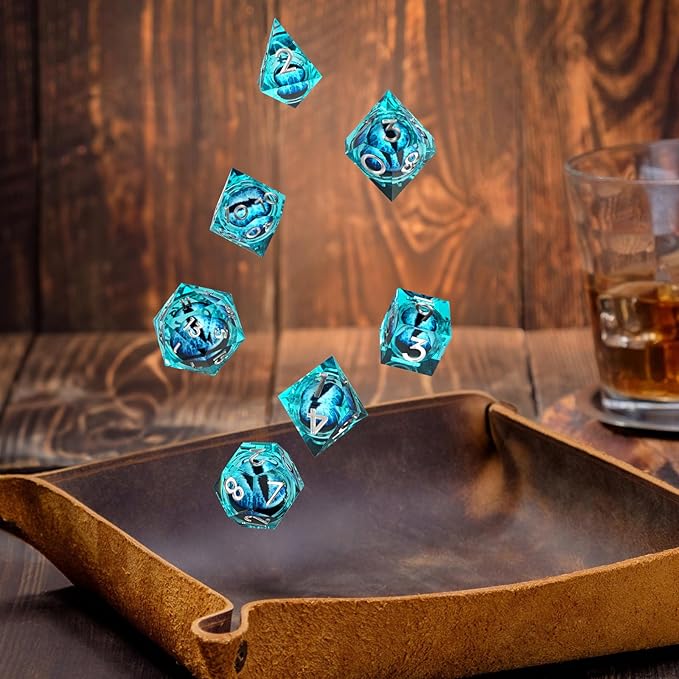 Handmade Resin Dungeons and Dragons Dice Set Dragon Eye Liquid Core Sharp Edges 7 PCS with Gift Box for TTRPG for D&D Fans (Blue-White)
