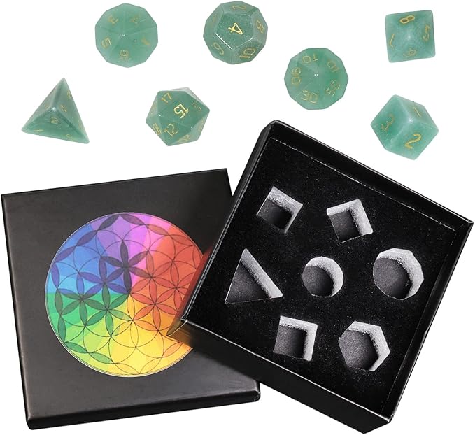 Nupuyai Healing Green Aventurine Crystal D&D Polyhedral Dice Set with Box for Dungeons and Dragons, Set of 7 Table Top Game Dice for RPG MTG Roleplaying Collection