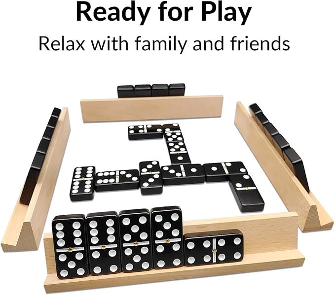 Dominoes Set for Adults with 4 Wooden Racks/Trays, Double Six Dominoes Travel Set with Portable Case Double 6 Dominoes Set with 4 Tiles Holders, 28 Tiles Dominos Set for Family Board Games - Black