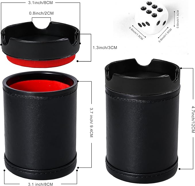 Dice Cup Leather Set with Lid, Felt-Lined PU Leather Quiet Shaker for Yahtzee Farkle Dice Board Games, Set of Six 16mm Dice Included