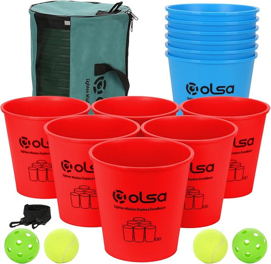 OLSA Giant Yard Pong Yard Games, Toss Family Party Set with 12 Buckets, Balls & Strength Carrying Bag for Beach Camping Lawn Backyard, Outdoor Games for Kids Adults and Family (Blue&Red)