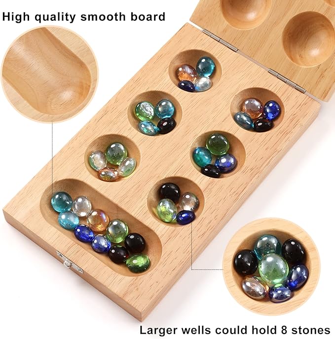 Mancala Board Game for Kids, Adults & Family. Includes Folding Rubber Wood Board, 48+10 Mancala Stones & Instruction. Classic & Portable Marble Game for Travel.(Natural Color)