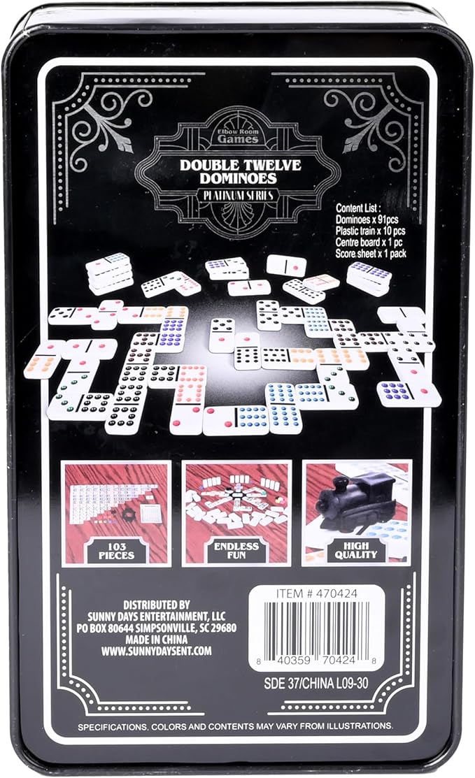 Sunny Days Entertainment Elbow Room Games Double Twelve Dominoes Set with 91 Dominoes, 10 Trains, Starter Piece, Scorepad – Perfect for Mexican Train, Block, and Draw – for 2-8 Players