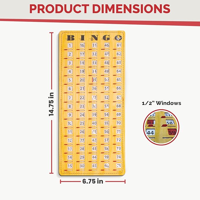 MR CHIPS Jam-Proof Finger Tip Master Bingo Card with Sliding Windows Large Cardboard Calling Cards Woodgrain Style