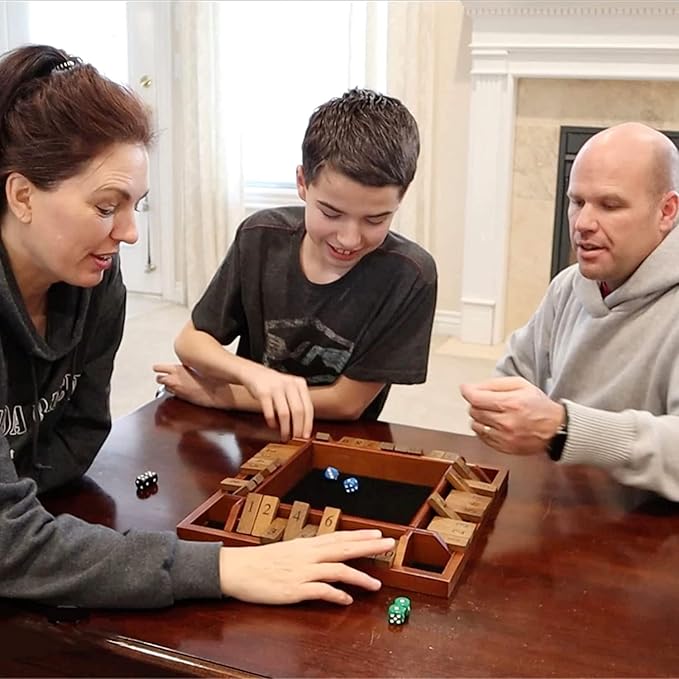 WE Games Shut The Box Board Game - Classic 4 Player Wooden Table Top Dice Game for Family Game Night, Black Stained Wood, 14 in., 10 Numbers, Classroom Play or Bar Fun for Adults