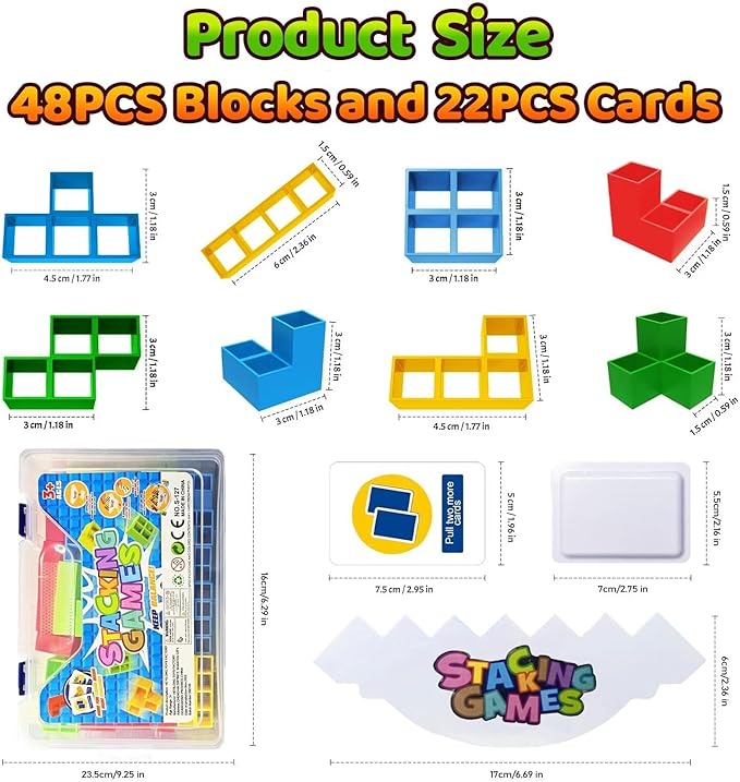 Tower Stack Game for Kids 8-12, 48PCS Educational Stacking Toy Balance Block Game for Ages 6-8, Fun Board Games for Kids and Adults