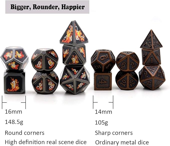 Haxtec Fire Bolt Real Scene Metal DND Dice Set Black Polyhedral Metal Dice for D&D Dungeons and Dragons Gifts TTRPG Games-Dark Fire