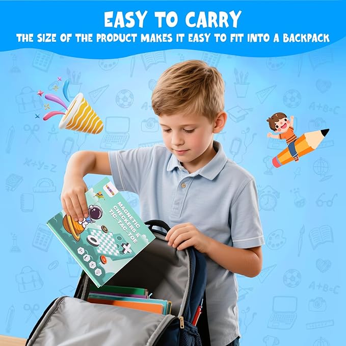 2-in-1 Magnetic Checkers & Tic-Tac-Toe Board Game | Travel Activities for Kids | Foldable Plane and Car Games | Family Fun Travel Essentials for Boy and Girl Over 3 Years