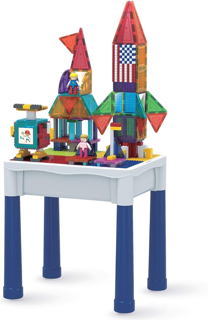 PicassoTiles 316 PCs Activity Table with Magnetic Tiles and Building Brick Blocks, Playset Table with Magnetic Action Figures & Storage Included, Can be Use as Water & Sand Tables STEM Toys Ages 3+