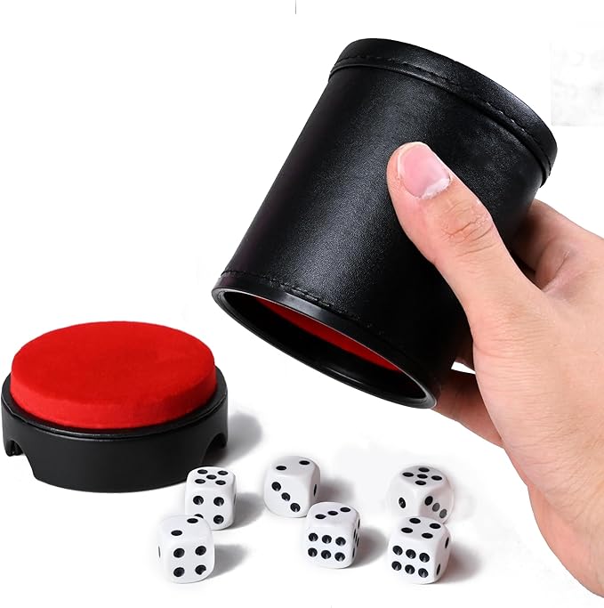 Dice Cup Leather Set with Lid, Felt-Lined PU Leather Quiet Shaker for Yahtzee Farkle Dice Board Games, Set of Six 16mm Dice Included