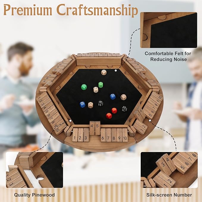Shut The Box Game for 1-6 Players, Plusvivo Large Round Wooden Board Dice Game with 14 Dice for Adults, 6 Way Clever Math Game for Home Classroom or Pub