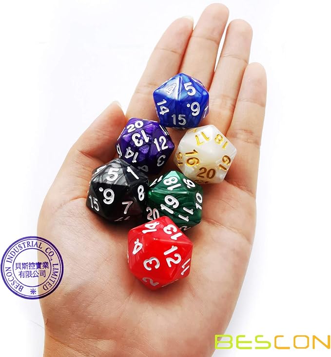 Bescon D20 Spindown Dice 22MM, Assorted Marble Colors 6pcs Set