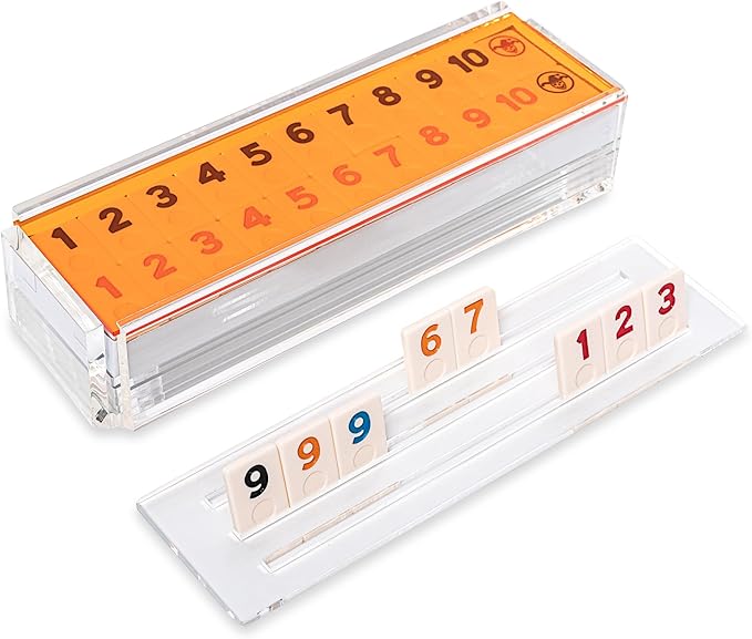 Luxury Rummy Tile Set Game in Handmade Acrylic Case with 4 Racks Included (Orange)