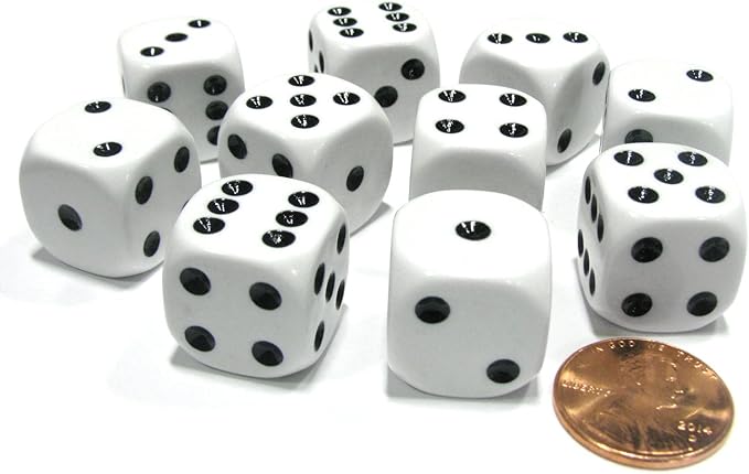 Koplow Games Set of 10 Six Sided Round Corner Opaque 16mm D6 Dice - White with Black Pip