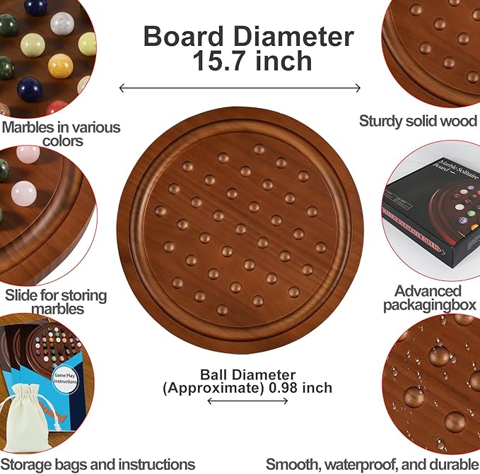 15.7 Inches Extra Large Solitaire Marble Game Set Wood with 36 Multicolors Natural Stone Marbles Pieces Adults Classic Deluxe Game for Night Party and Gatherings