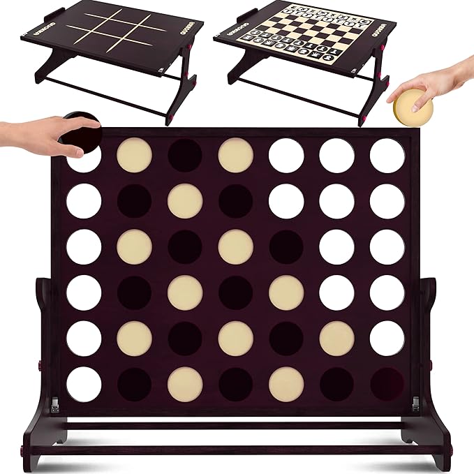 QUOKKA Giant Brown Four in a Row Connect Outdoor Game 4-in-1 SUPERSET - Wooden Jumbo Yard Game for Adults | Backyard Family Party | Big Chess & Checkers | Wooden Tic Tac Toe | All Weather