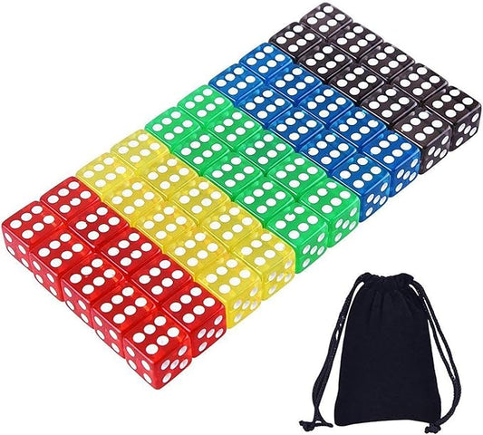 AUSTOR 50 Pieces Game Dice Set 5 Translucent Colors Square Corner Dice for Tenzi, Farkle, Yahtzee, Bunco or Teaching Math with Velvet Pouch