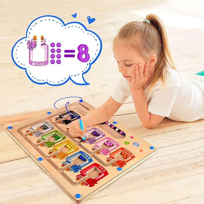 Magnetic Color and Number Maze, Montessori Toys Toddler Fine Motor Skills, Wooden Magnet Board Puzzle Game Color Sorting Counting Matching, Learning Gifts for Boys Girls 3 4 5 Years Old