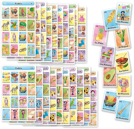 Loteria Fiesta Mexican Bingo Game Set in Spanish for 20 Players - 20 Playing Boards and Full Deck of Calling Cards