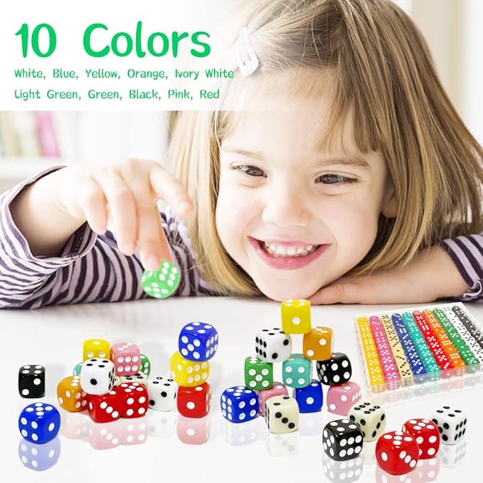 100 Pieces 16MM Dice Set, 6 Sided Standard Colored Dices with Portable Plastic Box, Opaque 10 Colors Games Dice for Board Games, Parties, Classroom Math Bulk Dice