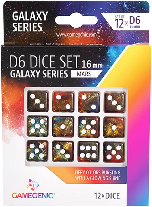 Galaxy Series Mars D6 Dice Set | Set of 12 Six-Sided Dice | Premium Quality Resin Dice for Dice Games, Board Games and Card Games | Cosmic Glittering Design | Red and Blue Color | Made by Gamegenic