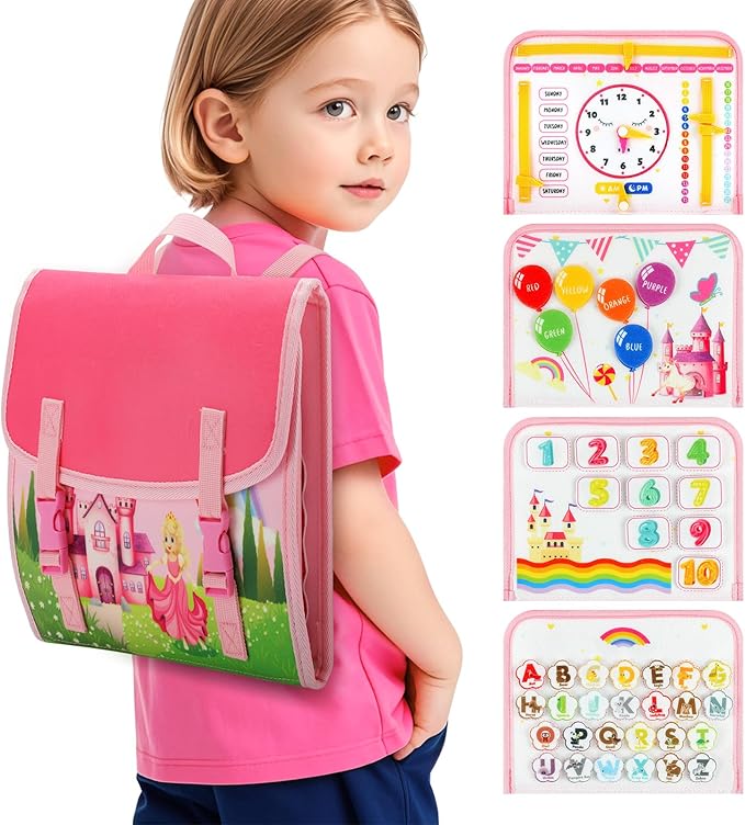 Cokouchyi Toddler Busy Board Backpack Travel, Montessori Toys for 1-4 Year Old Toddlers, First Birthday Gifts for Toddler Girl Age 1-4, Learning Educational Sensory Busy Book for Travel, Princess